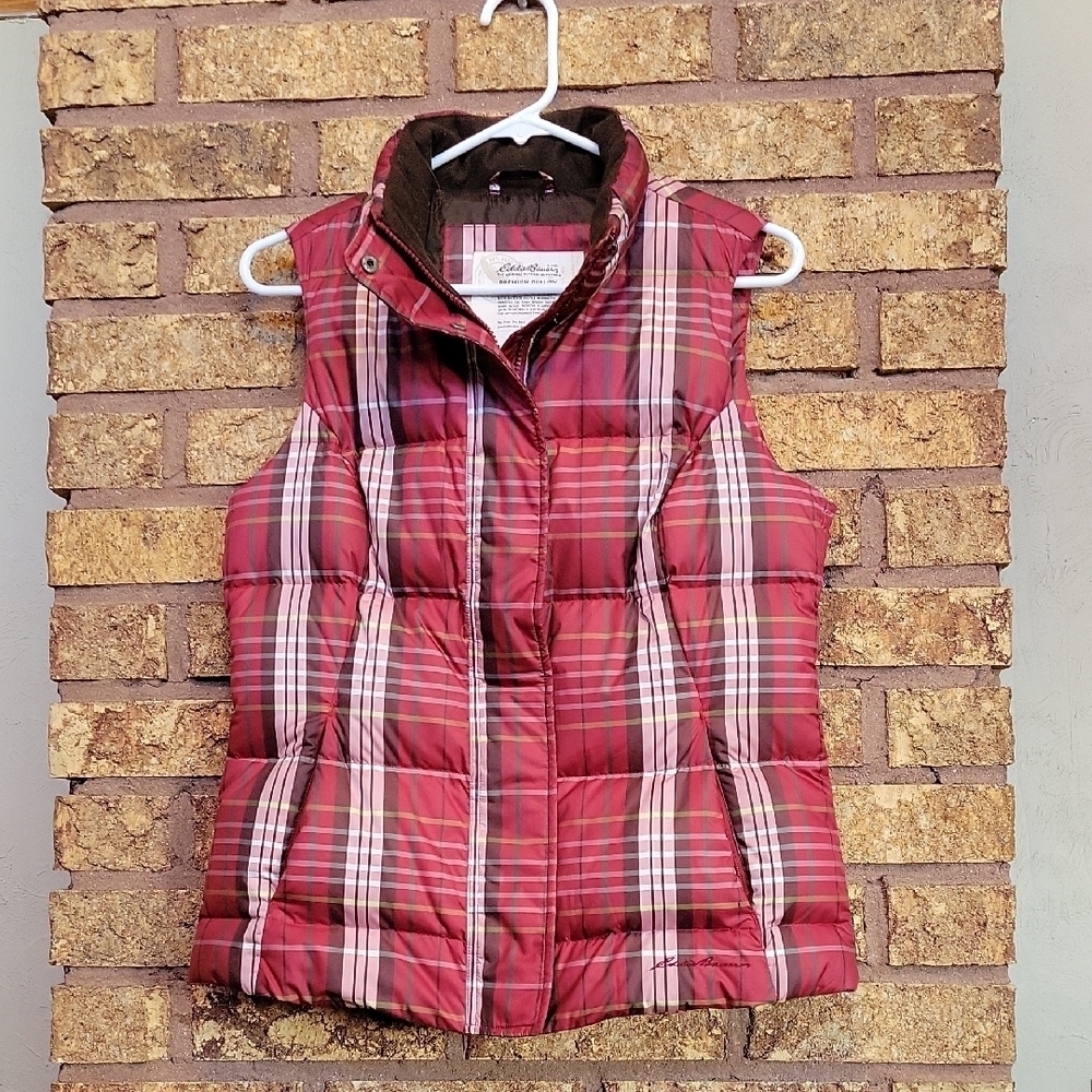 Eddie Bauer Goose Down Red Plaid Puffer Vest Size Small